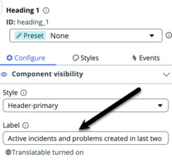 Configure tab for heading component with black arrow pointing to completed label field.
