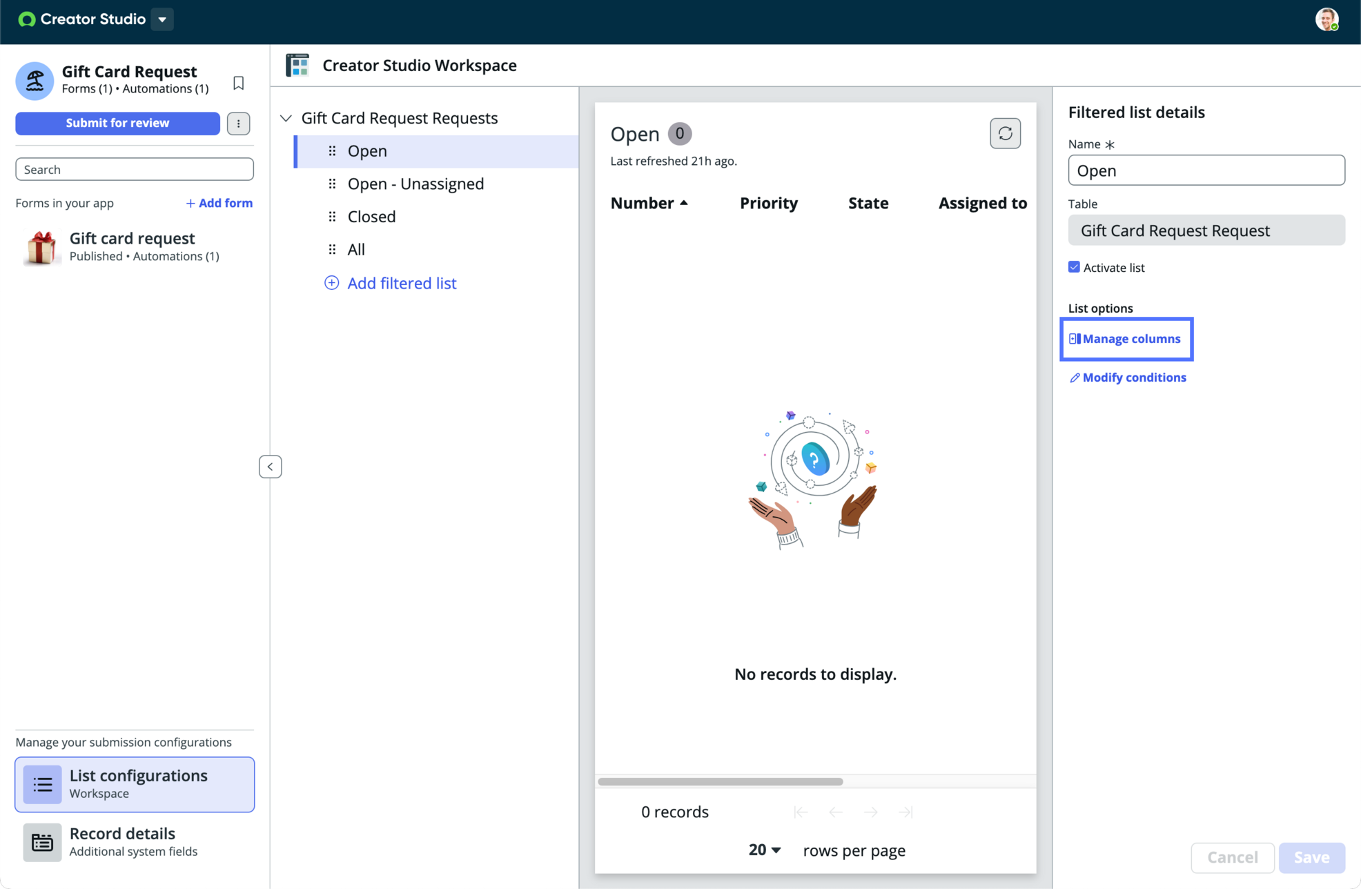 Select to manage columns