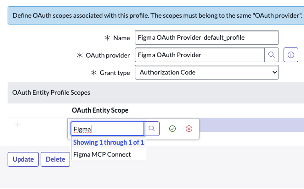 On the configuration page for the Figma OAuth Provider profile, the OAuth entity scope "Figma" connects with the "Figma OAuth Provider default_profile" through the Authorization Code grant type.