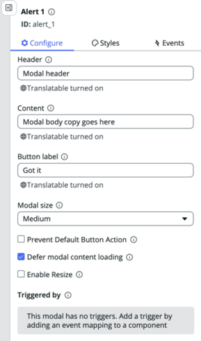 Alert modal configure options tab.