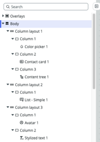 Content tree showing hierarchy of three column layouts with columns containing components including Color picker, Avatar, and Stylized text.