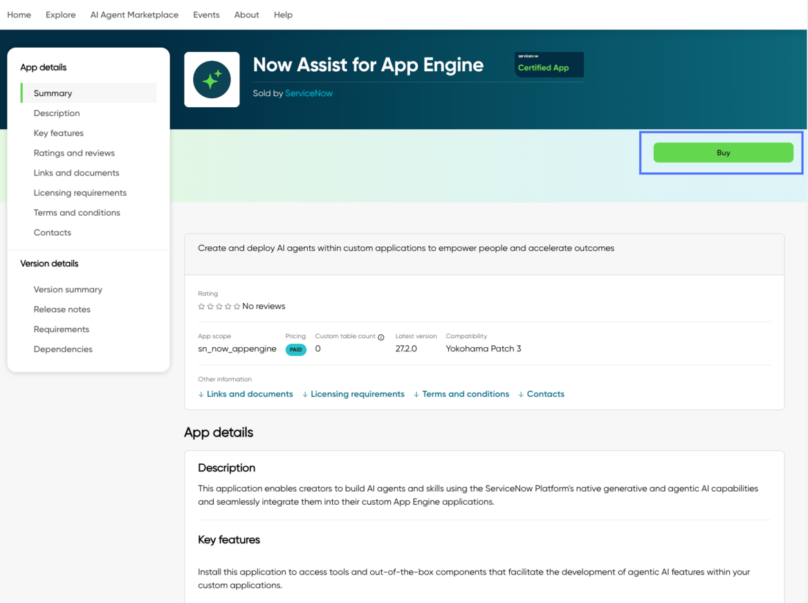 App Engine용 Now Assist 설명 및 주요 기능을 포함한 자세한 정보를 보여주는 페이지입니다.