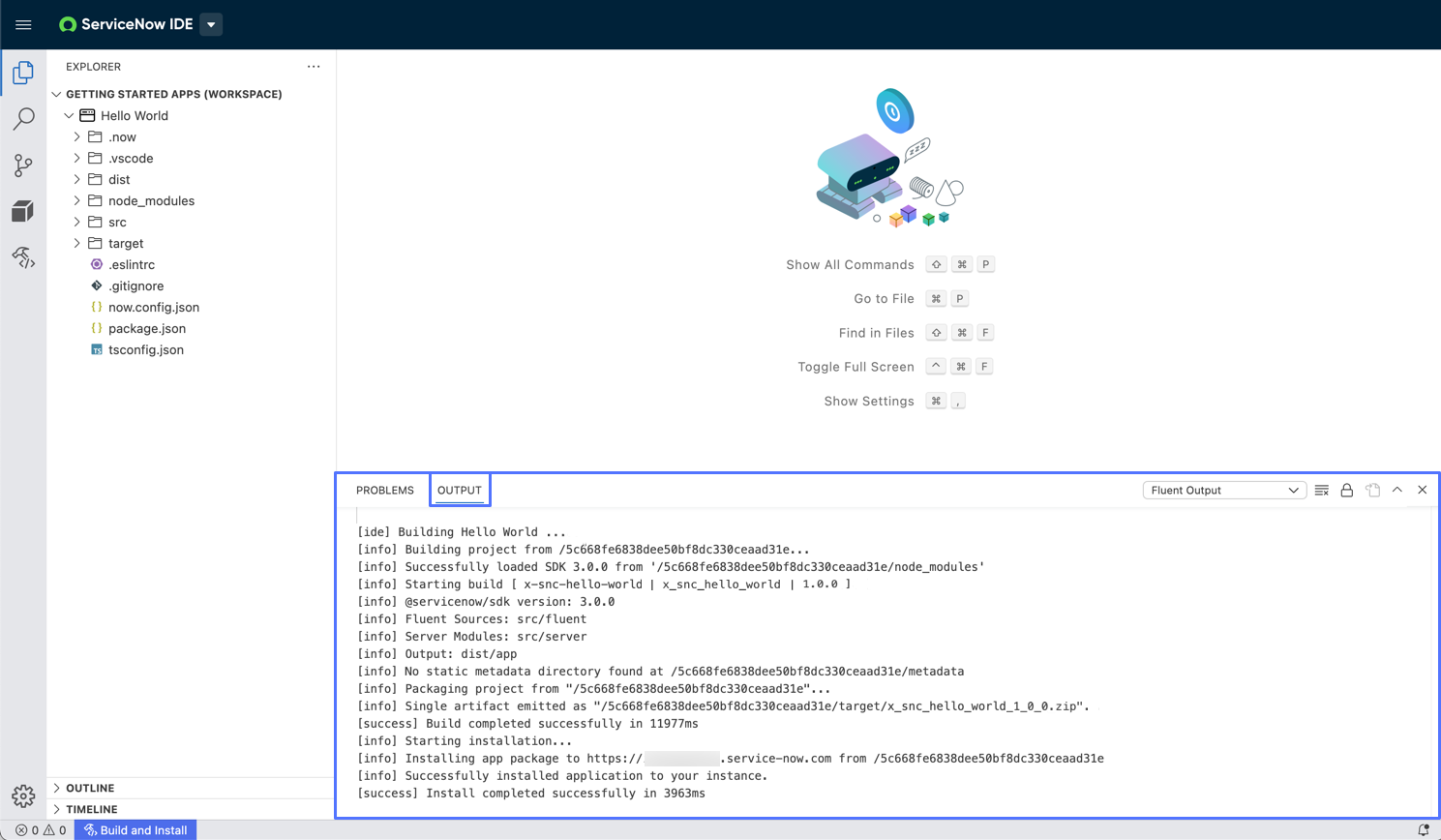 Logs in the Output panel indicating that the application built and installed successfully.
