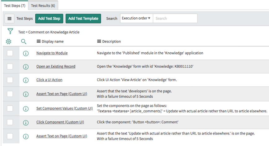 Screenshot displaying example test with seven test steps.