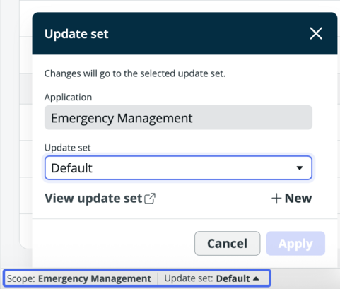 Select the current update set from the status bar to open the update set dialog.