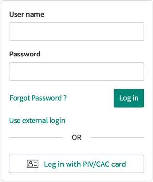 PIV 또는 CAC 카드 옵션이 있는 로그인 페이지