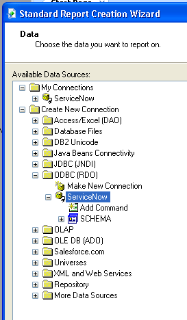 ServiceNow DSN을 사용하여 새 연결 만들기