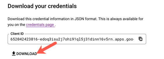 OAuth 자격 증명 파일을 다운로드하는 다운로드 버튼입니다.