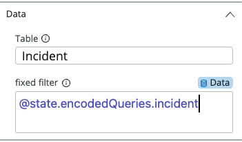リスト構成パネルの固定フィルターフィールドで、fixedQuery プロパティを encodedQueries クライアントステータスパラメーターにバインドします。
