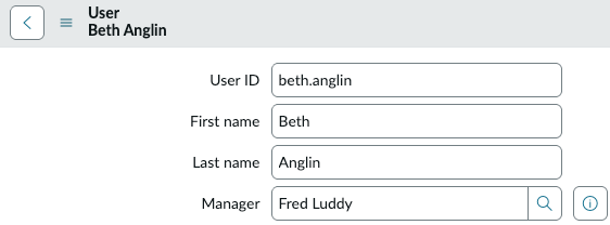 Fred Luddy がマネージャーであることを示す Beth Anglin のユーザーレコード。