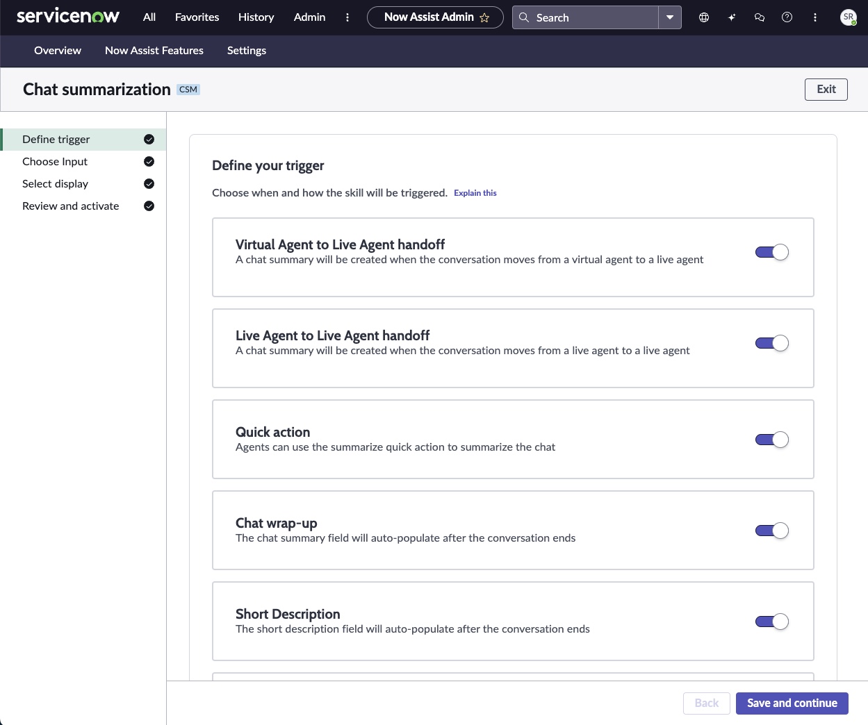 Example Define triggers screen for the chat skill.