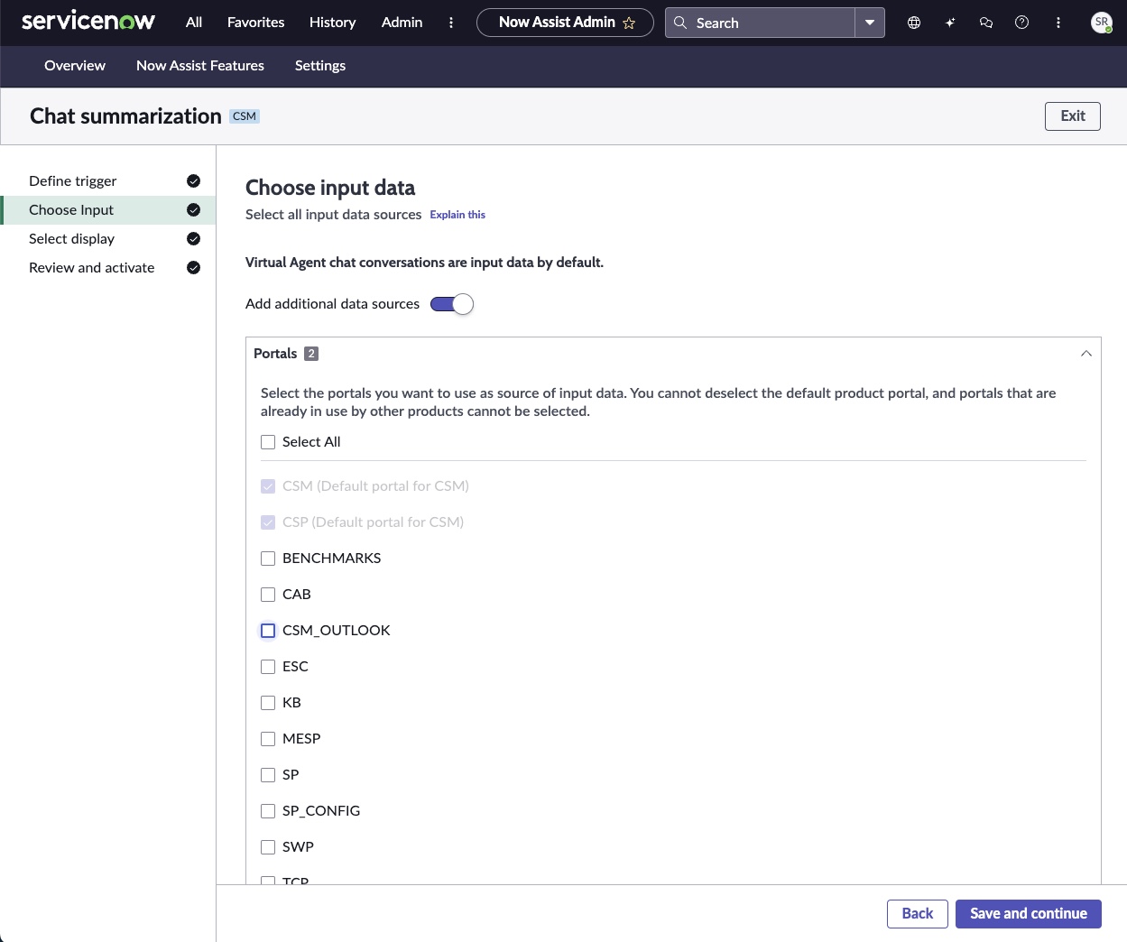 Example Choose input screen for the Chat summarization skill.