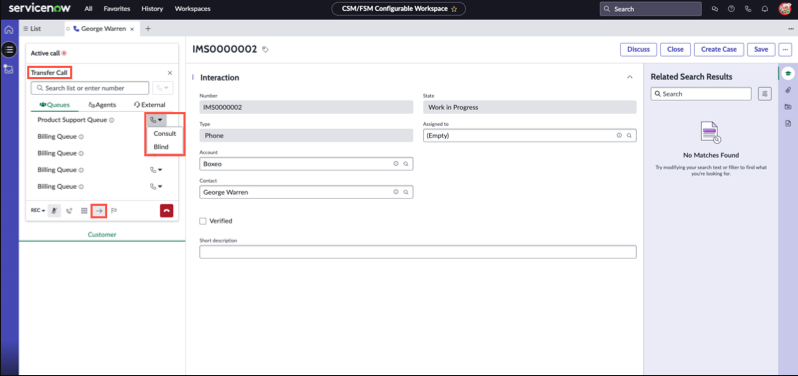 Screenshot showing the embedded voice controls in agent workspace with call transfer