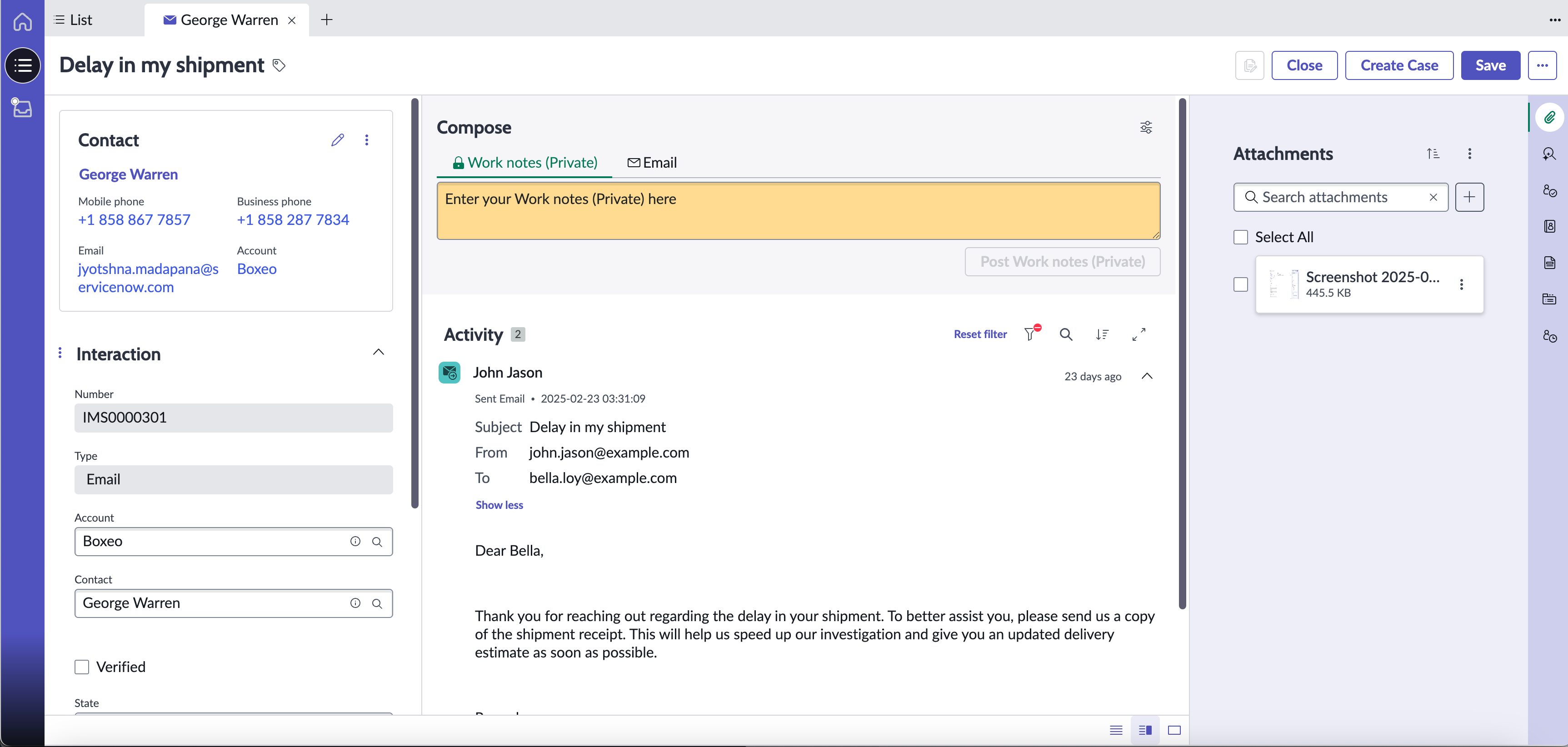 Email interaction page that displays the contact information and communication details.
