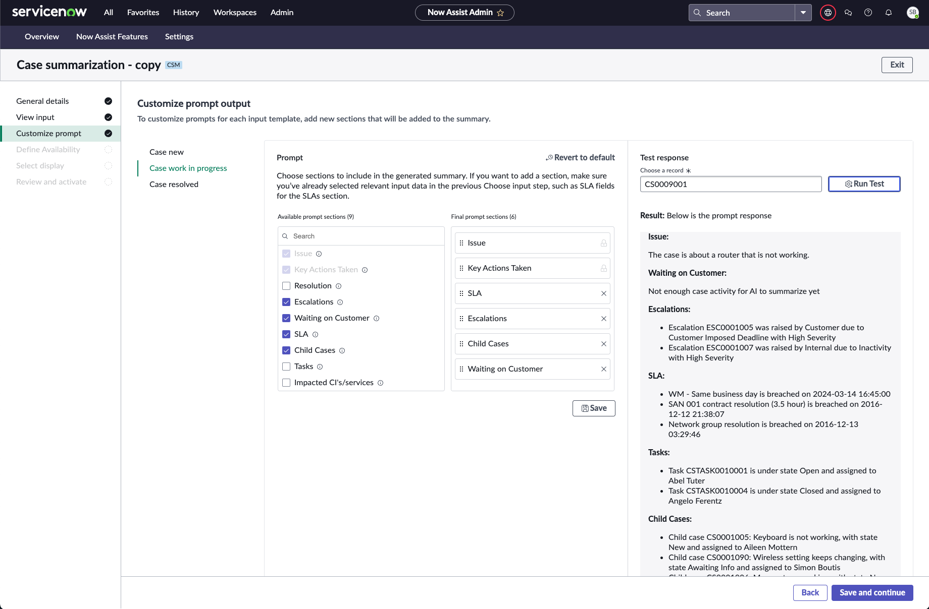 Selection of new sections that can be included in the summary for each input template.