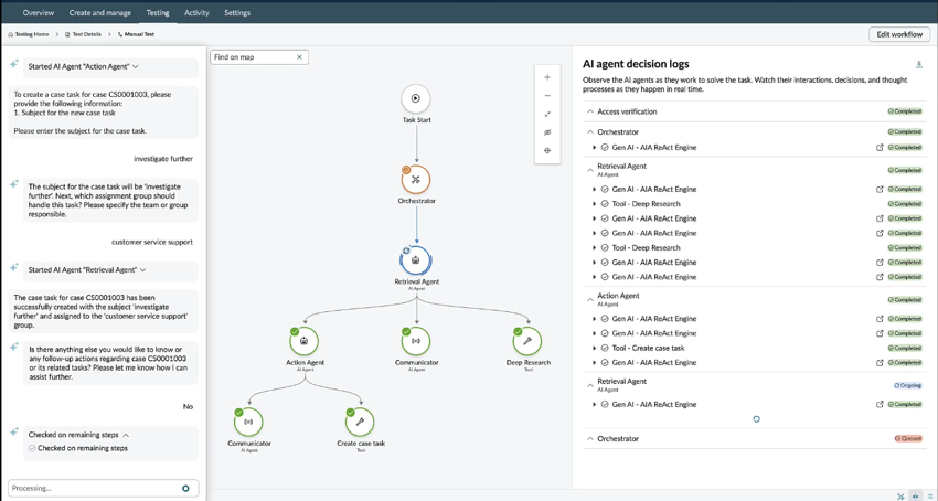 AI Agent Studio showing the testing output for Provide customer 360 insight agentic workflow