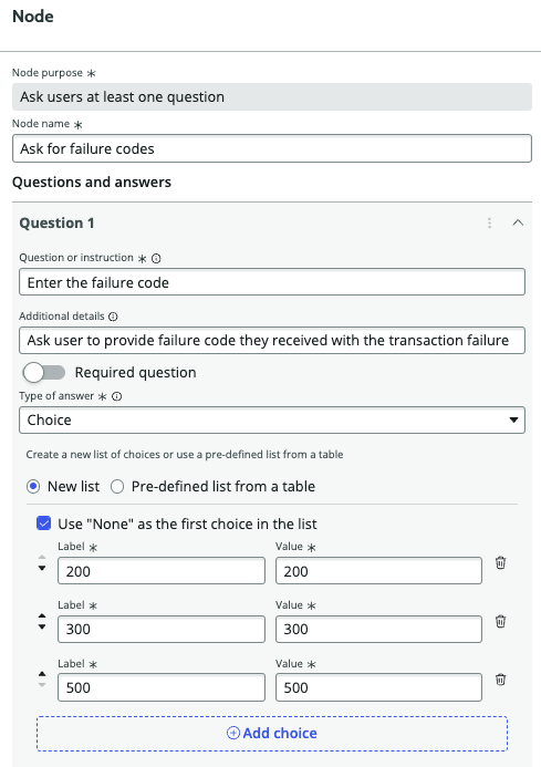 The Ask for failure codes question node showing the choice as the answer type with 200, 300, and 500 as the choices.