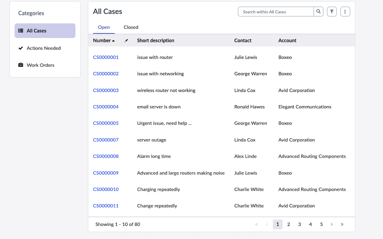 Portal Data List widget displaying different cases and their details in list format.