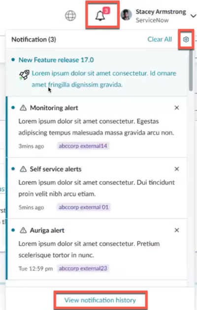 Affiche le panneau de notification avec les alertes renseignées et le lien Afficher l’historique des notifications.