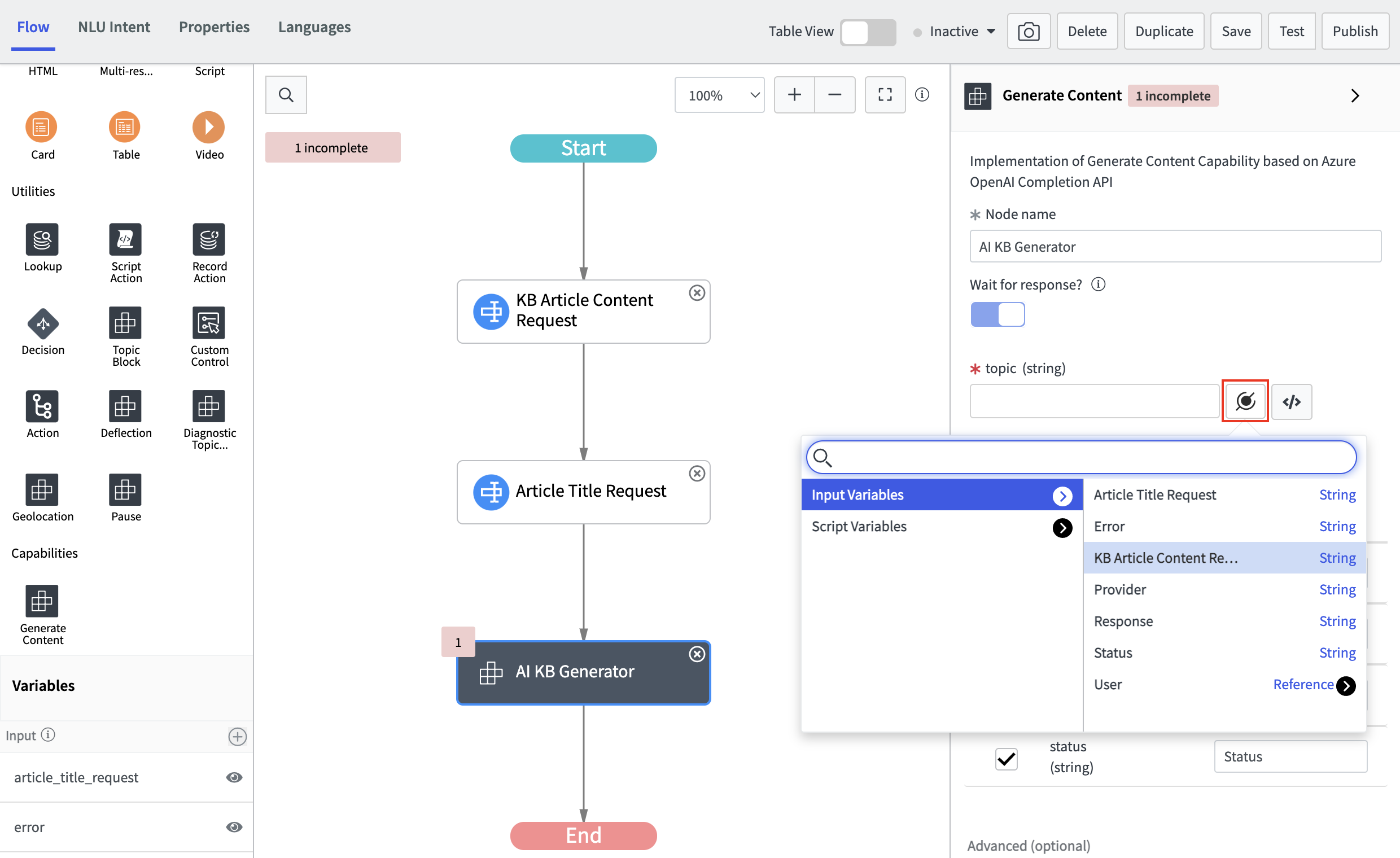 Topic flow with datapill menu open for Topic.