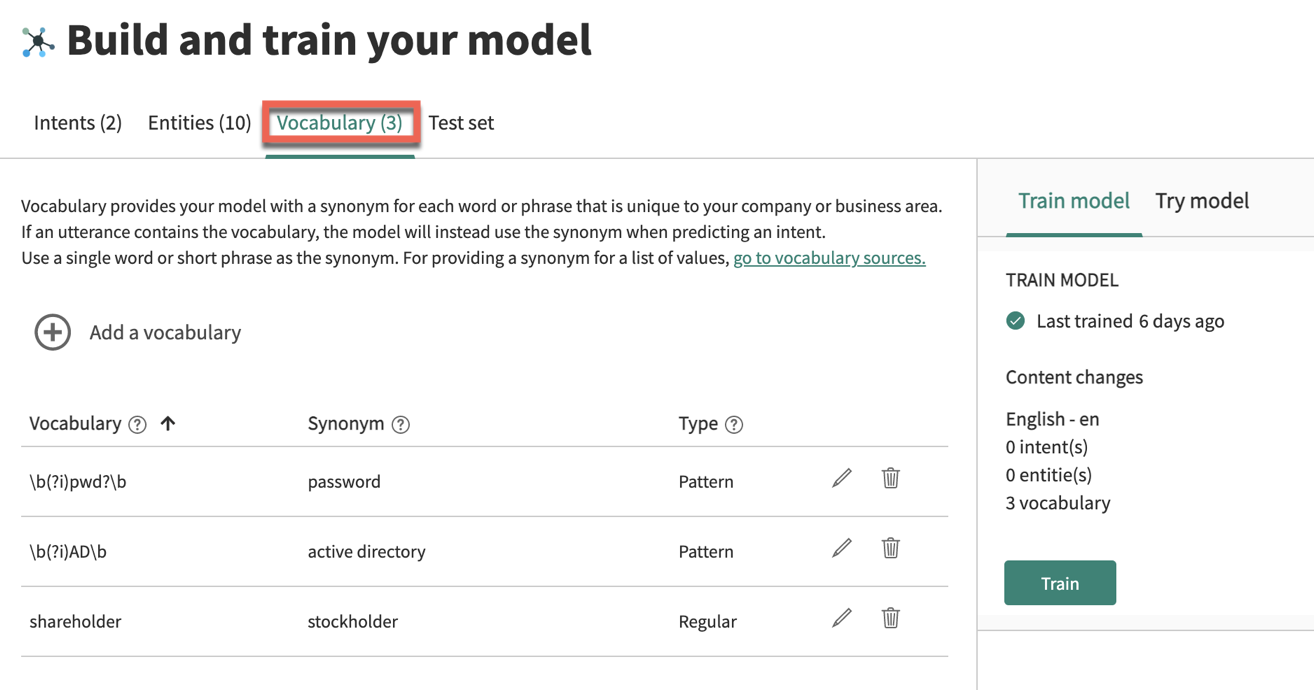 The Build and train your model phase with the Vocabulary tab highlighted.
