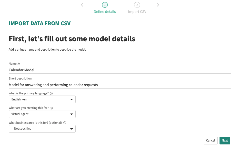 Define details screen for importing data from CSV.