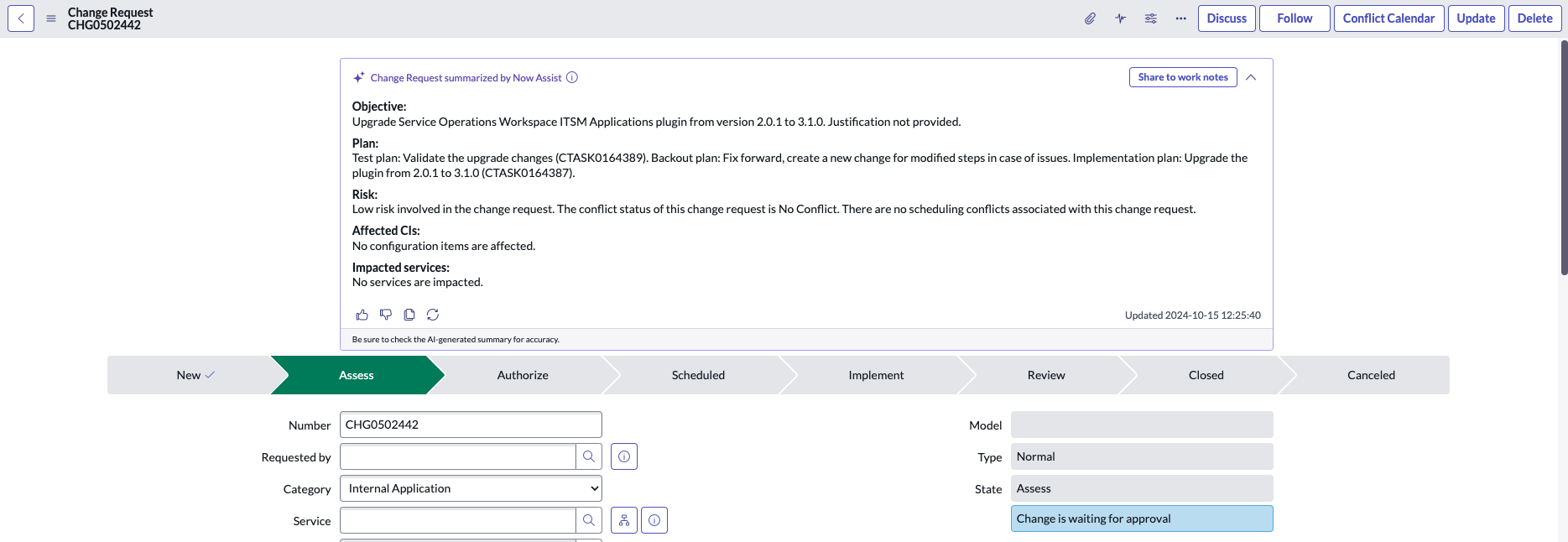 The change request summary is shown at the top of the form. This example includes the Objective, Plan, and Risk summaries.