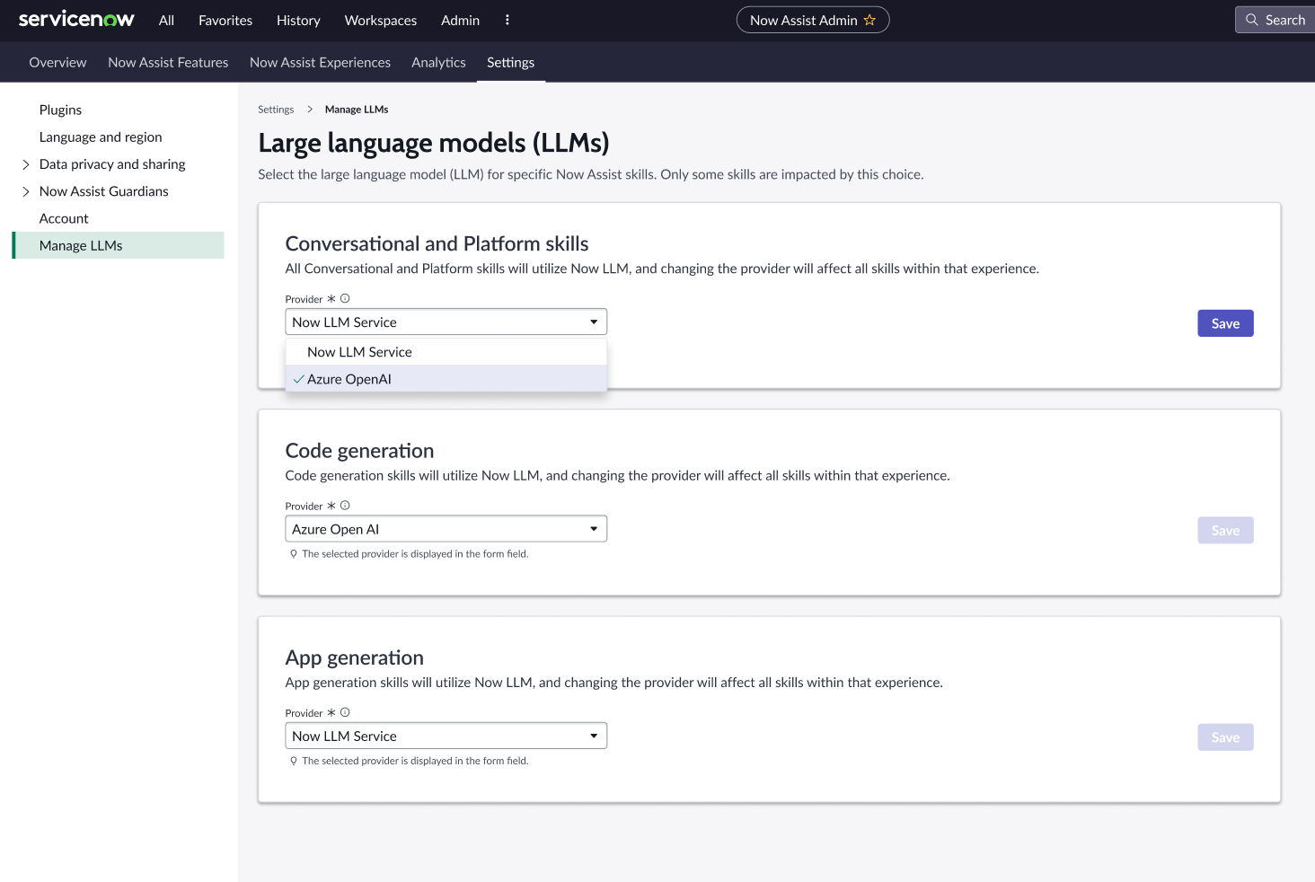 Now Assist admin settings - Manage LLMs