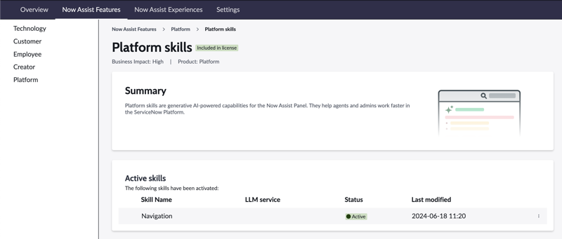 Navigation and other Platform skills are automatically activated. You can deactivate each skill manually.