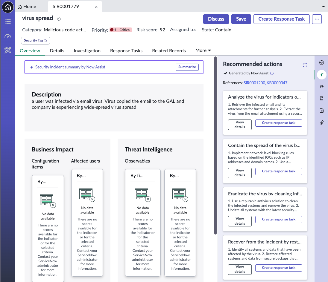 Recommended actions for the selected security incident appear as tiles in the sidebar of Security Incident Response Workspace.