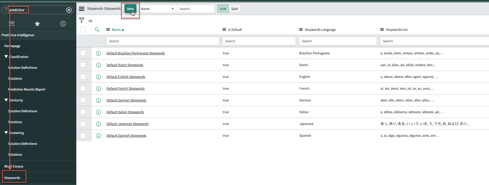 This image shows the list of default stopword lists for the various processing languages supported in this release.