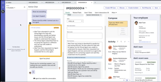 Chat summarization of Virtual Agent to live agent conversation.