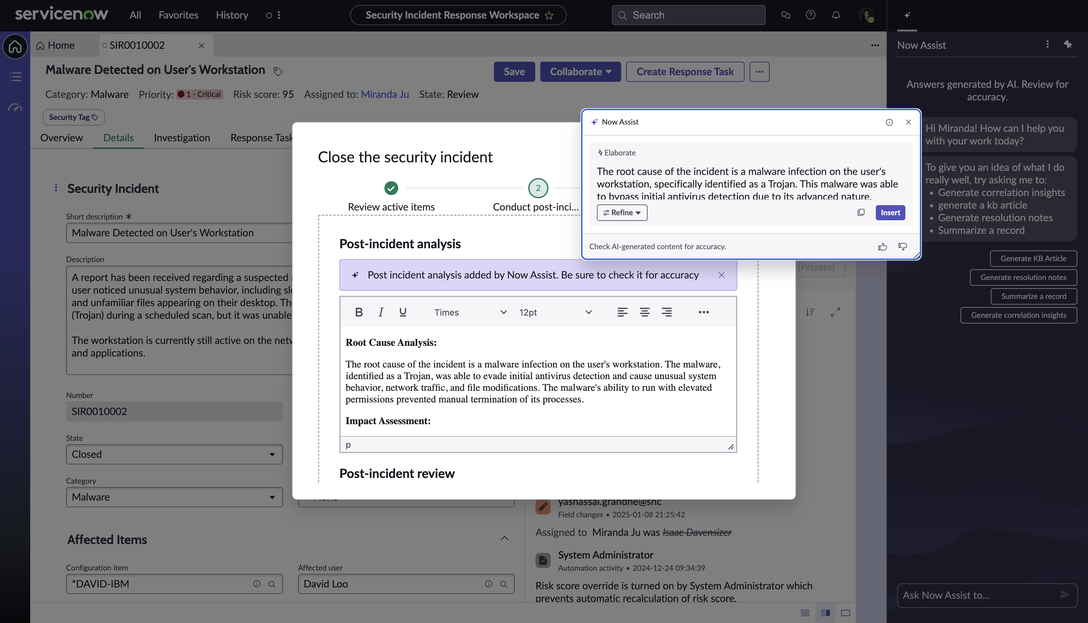 Post incident analysis for a security incident from the Security Incident Response Workspace