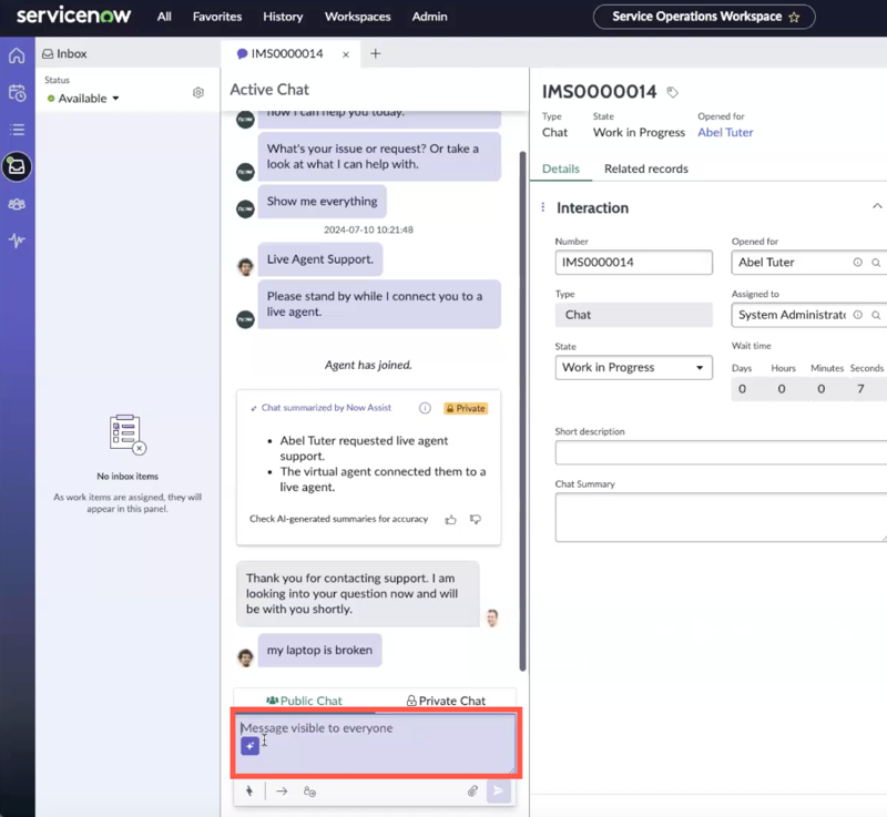 In the Public Chat area, select the Now Assist icon to generate a reply recommendation.