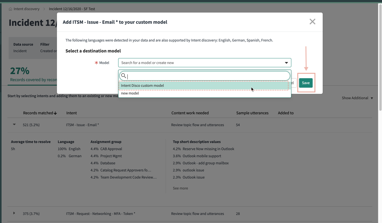 The model you choose to associate to the recommended intent is followed by an instruction to select the Save button