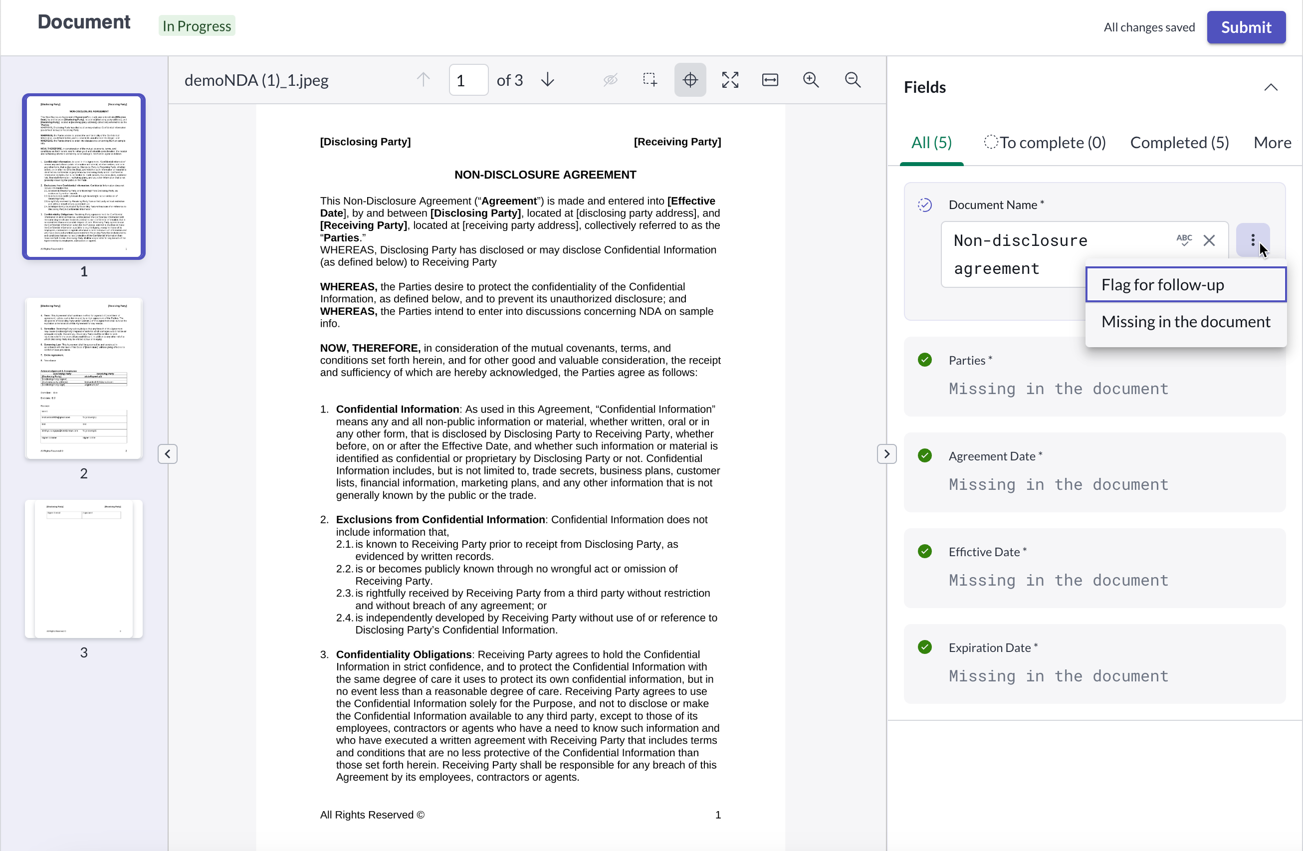 Now Assist in Document Intelligence workspace in Contract Management. For a text description, refer to the text that precedes this example.