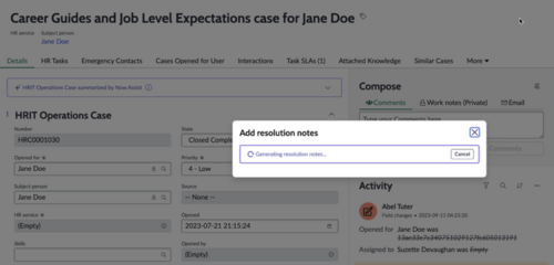 Generated resolution notes in Now Assist for HRSD.
