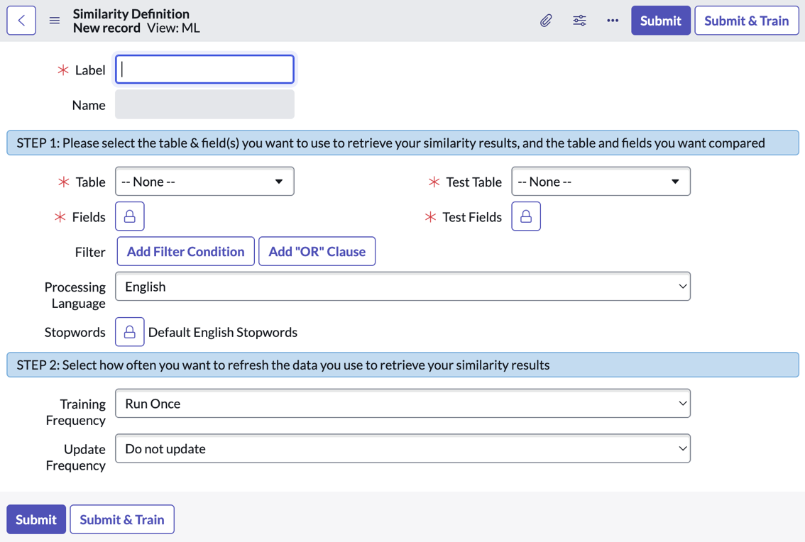 Form view of a new Predictive Intelligence similarity solution definition