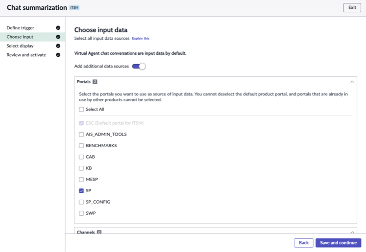 Inputs selected for Now Assist chat summarization.