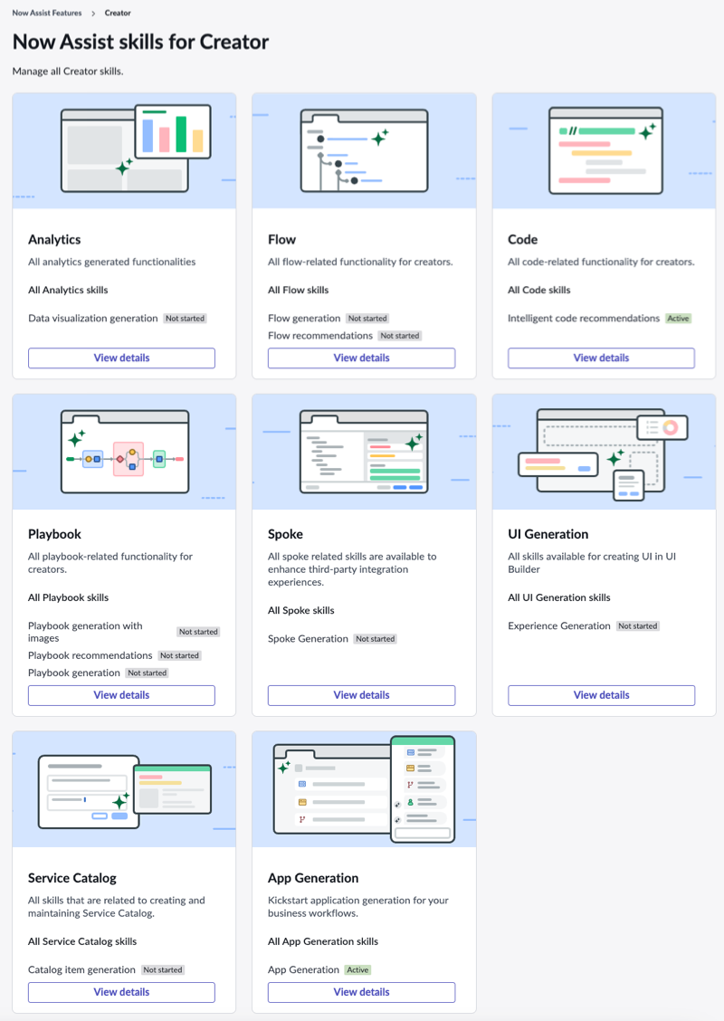 The Now Assist for Creator skill tiles are shown in the Now Assist Admin Creator workflow.