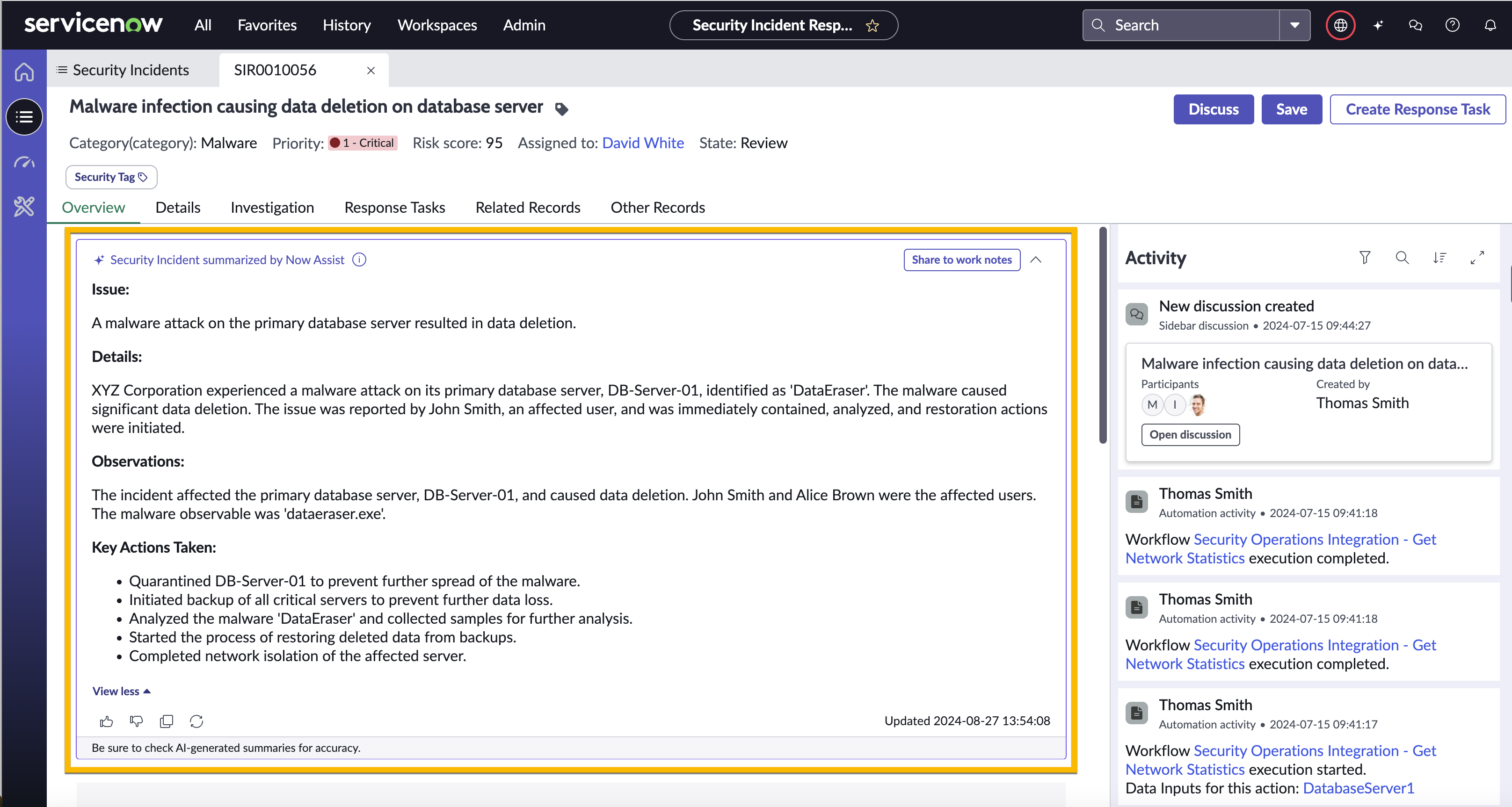 Security incident summarization in Now Assist for Security OperationsNext Experience