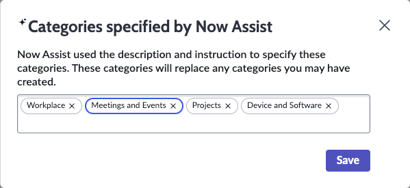 The pop up window contains the list of Now Assist suggested categories based on your description and instructions for the AI agent.
