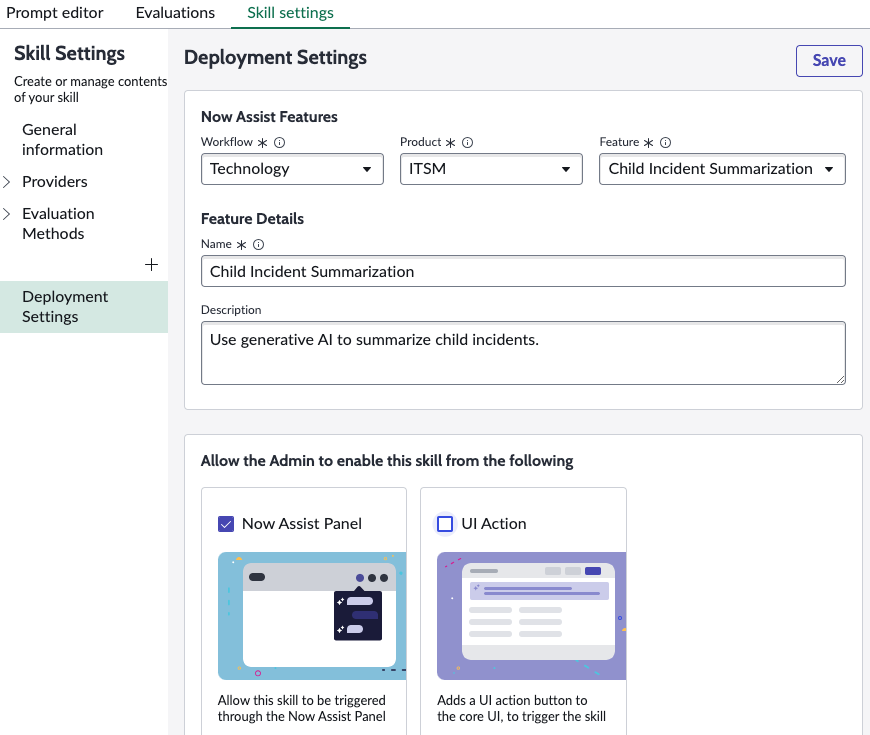 Deployment Settings page in Now Assist Skill Kit.