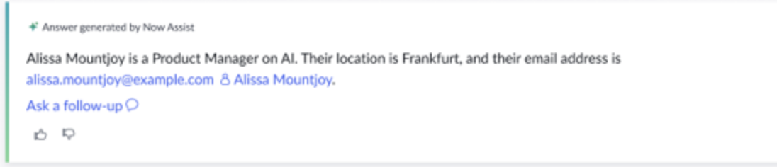 People results appear in the synthesized response on the portal's search results page and provide details such as the person's name, position, location, and email.