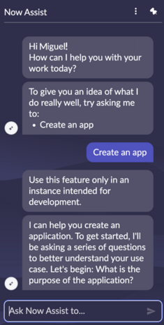App generation conversation beginning in the Now Assist panel.