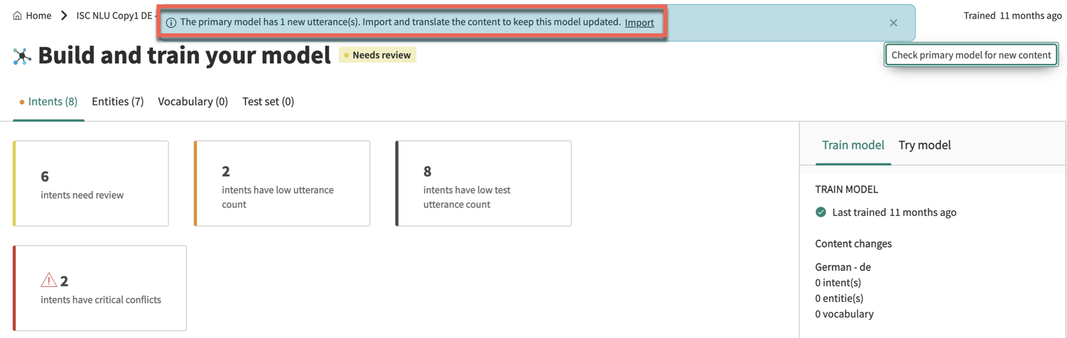 The banner for "Import and translate the content to keep this model updated" is highlighted.