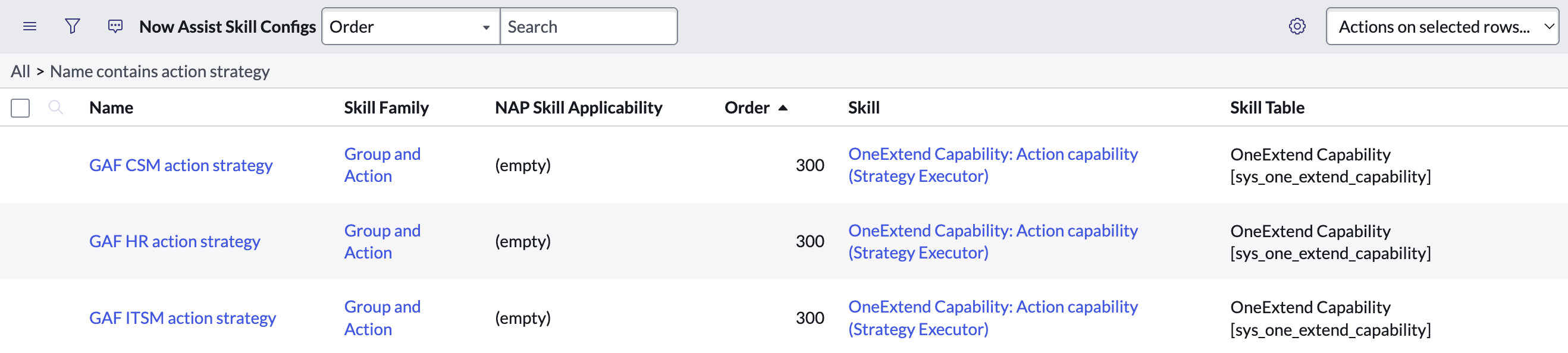 Now Assist Skill Config table filtered for skill configs with name contains action strategy