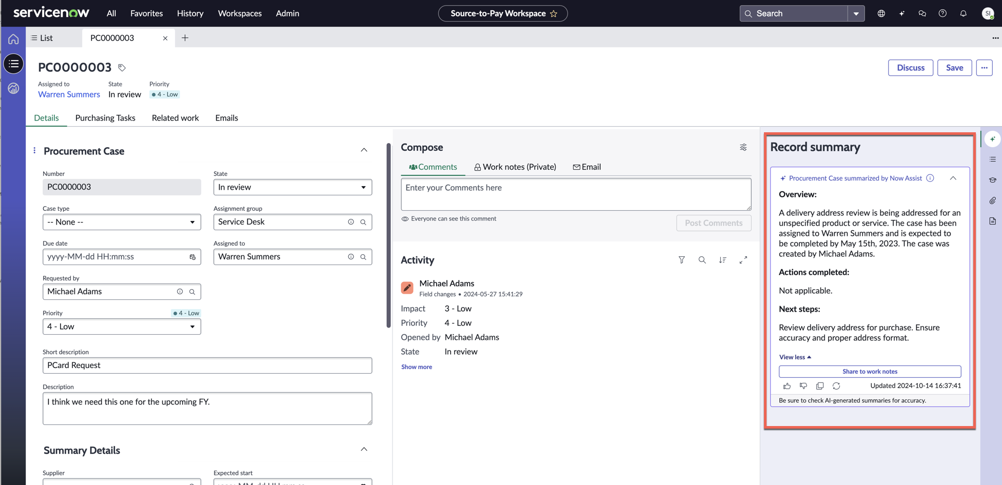 The record summary shows an overview, the actions completed, and next steps.