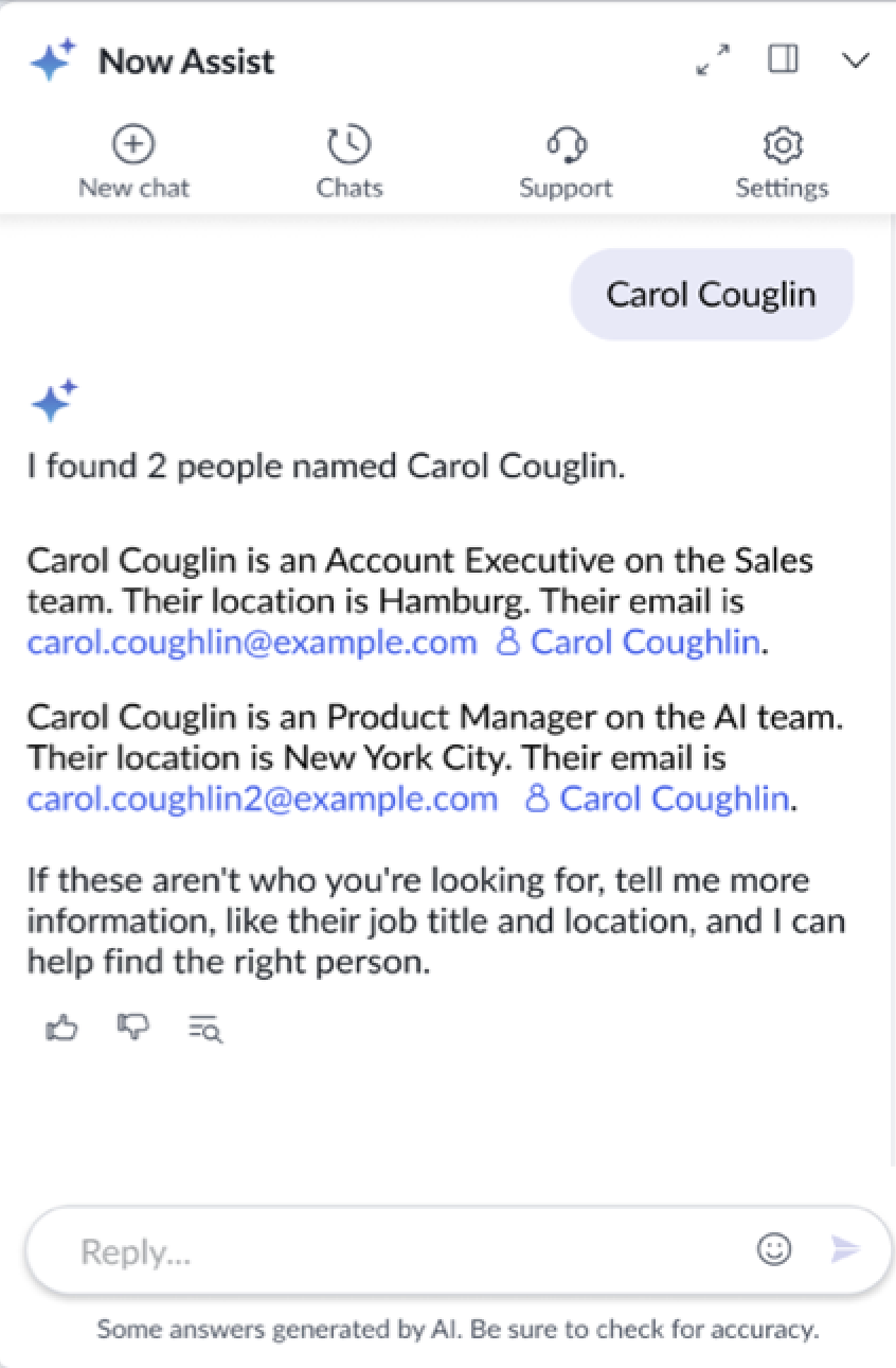 People results appear in the synthesized response and provide details such as the person's name, position, location, and email.