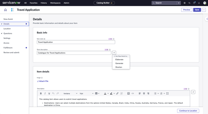 Short description and Description fields in the Details step
